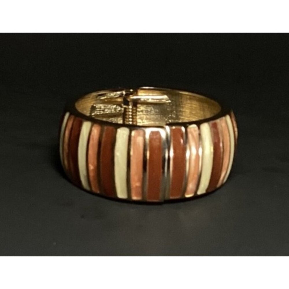 Vintage Copper Rose & Cream Striped Wide Hinged Clamper Bracelet Gold-Toned - Picture 5 of 8